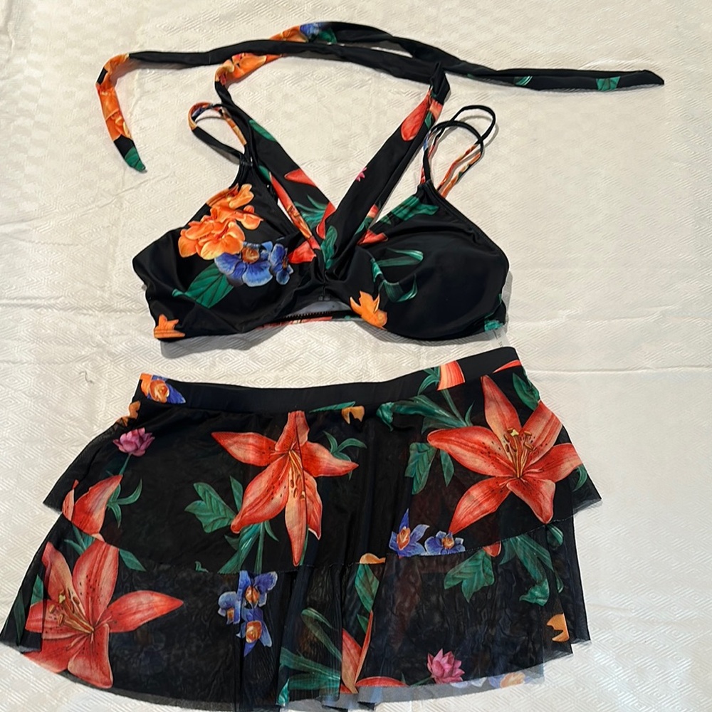 Tropical Floral Bikini Set with Skirt